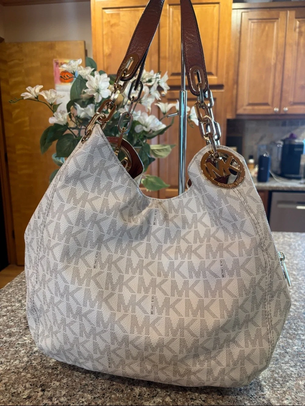 Michael Kors Fulton Large Chain Shoulder Tote in a vanilla MK pattern with Brown - Picture 5 of 17